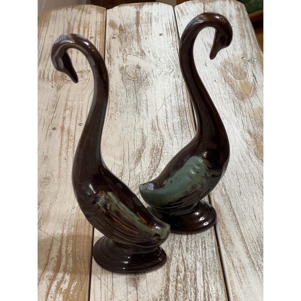 Vintage Retro Boho Mid Century Modern Pair of Brown/Green Glaze Long Neck Swans